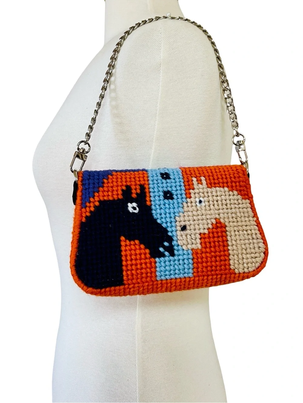 Needlepoint Mini Baguette Bag Equestrian Theme Clutch with Silver Chain Strap